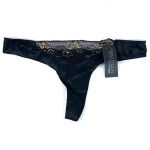 Elle Macpherson Obsidian Gloria Thong Sz L Black Satin Lace Trim Silk Blend New - Picture 1 of 8
