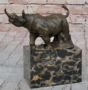 Charging Black Rhino Safari Travel Bronze Marble Statue Figurine Collectible - Picture 1 of 10