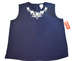 Bon Worth Large Petite Blue Floral Embroidered Sleeveless Pullover Blouse NWT - Picture 1 of 8