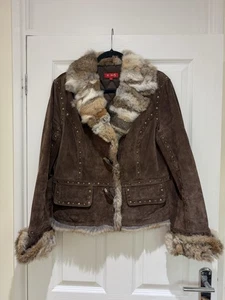 Damen Echt Wildleder Lederjacke mit Kaninchenfellkragen - Größe L - Bild 1 von 18