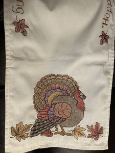HAND WORKED TABLE RUNNER THANKSGIVING TURKEY CROSS STITCH FARMHOUSE KITSCH 42" - Picture 1 of 5