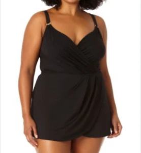 Anne Cole One Piece Surplice Swimdress Womens Plus Size 22W Black - Picture 1 of 9