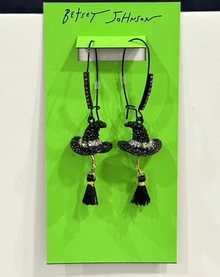 Chapéu de Bruxa Betsey Johnson Wicked Preto Gema Falsa - Brincos de Gota de Halloween Novo com etiquetas! - Imagem 1 de 4