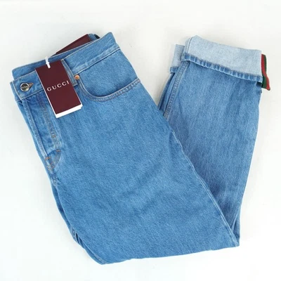 Jeans jeans Gucci de algodão algemado com alça de teia cônica azul - Tamanho masculino UE 38 - Imagem 1 de 4