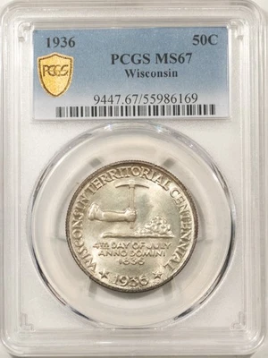 1936 WISCONSIN COMMEMORATIVE HALF DOLLAR - PCGS MS-67 SUPERB! VIRTUALLY PERFECT! - Image 1 of 3