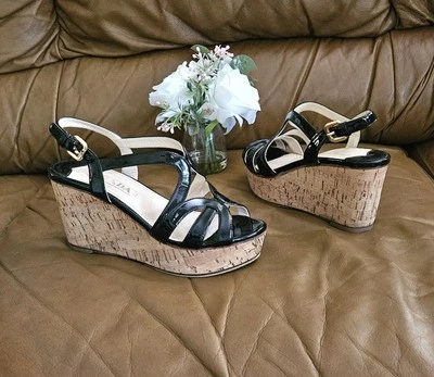 Women's Prada Black Patent Leather Wedge Buckle Sandals Size 6.5 US - Image 1 of 4