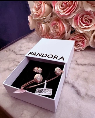 Conjunto raro!! Novo em folha Pandora pulseira e brinco folheado a ouro rosa pavê aberto 7,5 - Imagem 1 de 4