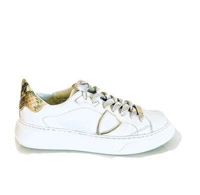 PHILLIPE MODEL Paris TRES TEMPLE Zapatillas Cuero Serpiente Blanco + Dorado $629 EU39 Foto 1 de 4