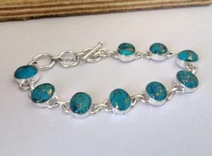 Blue Copper Turquoise Gemstone Bracelet 925 Sterling Silver Handmade Bracelet AA - Picture 1 of 5