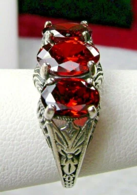 Garnet CZ Ring, Three Gem Sterling Silver Filigree (Custom-Made)* D41 - Image 1 of 4