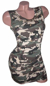 Military ARMY CAMUFLAGE Vestido CABEZA MUERTA Camisa CALAVERA Remaches Mini Verano S M NUEVO - Imagen 1 de 4