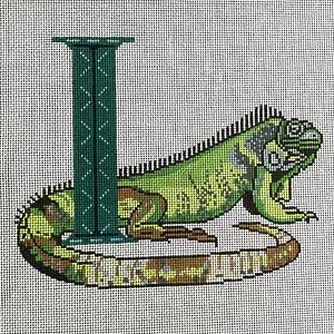 Needlepoint Hand Stitch Painted Canvas Lee Iguana with His Initial "I" 14 Ct - Picture 1 of 5