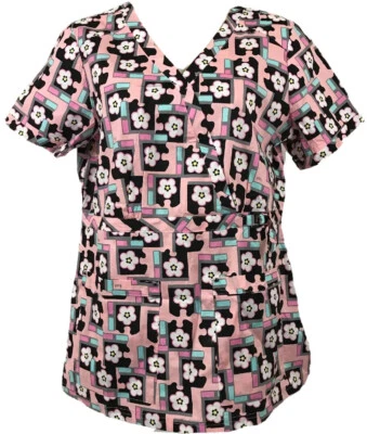 Koi Stretch Luna Womens Small V-Neck Scrub Top Puzzled Pink Black #289PR, NWT - Image 1 of 4