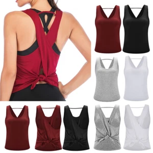 Womens Cross Back Tank Running Tops Stretch Long Workout Fitness Sport Yoga Vest - Picture 1 of 22