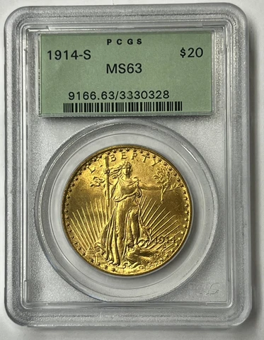 1914-S $20 Saint Gaudens Pre-33 Gold Double Eagle PCGS MS63 Old Green Holder Cover