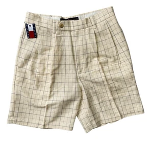 NEW Tommy Hilfiger Provence Short Mens 30 Beige Plaid Linen Cotton Blend Pleated - Picture 1 of 11