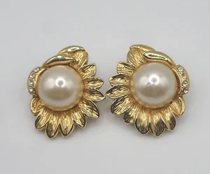 Vintage Clip On Earrings Gold Tone Sunflower Faux Pearl Rhinestone Accents - Picture 1 of 11