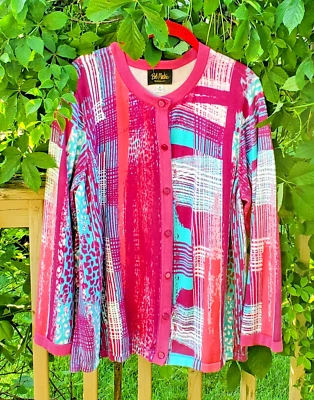 Cárdigan Bob Mackie Usable Arte Abstracto Fucsia Aqua Teal Mezcla Algodón Talla XL Foto 1 de 4