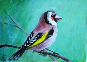 BIRDELLINO EUROPEO GOLDFINCH dipinto a mano originale acrilico firmato Velasquez - Foto 1 di 1