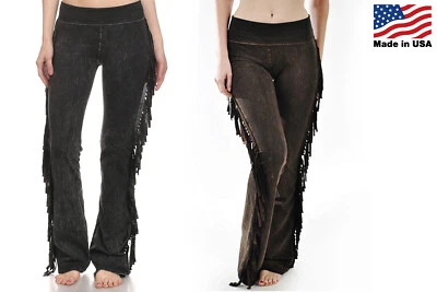 T Party Women's Fringe Leg Mineral Wash Yoga Pants Solid Black Brown Made in USA - Image 1 of 4