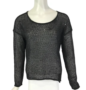 Portmans Top Black Size M 10 12 Fine Sheer Knit Sequins Hi Lo Hem Long Sleeve - Picture 1 of 13