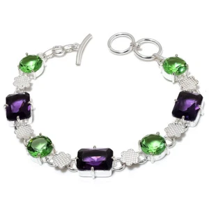 Amethyst Peridot Gemstone Silver Plated Bracelet Dainty Jewelry 7-9" - Picture 1 of 1