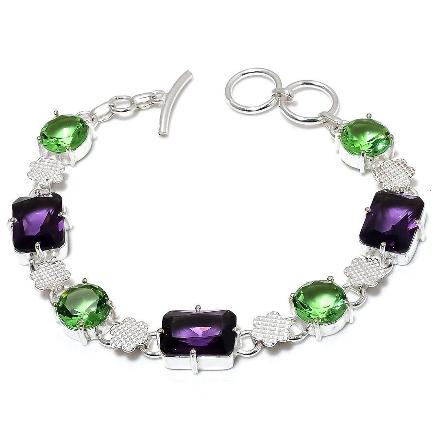 Amethyst Peridot Gemstone Silver Plated Bracelet Dainty Jewelry 7-9" - Image 1 of 1