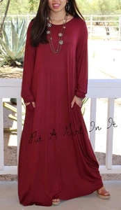 New PLUS SIZE Womens BURGUNDY OVERSIZED BOHO LONG SLV MAXI DRESS POCKETS XL 1X - Picture 1 of 5