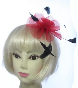 Red mesh and feather clip fascinator weddings,races prom B13 - Picture 1 of 3