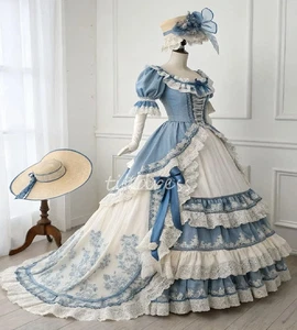 Marie Antoinette Prom Dress White Blue Lace Medieval Victorian Evening Dresses - Picture 1 of 4