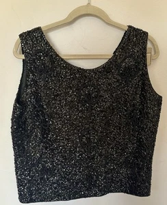 Vintage 1960s Beaded Sequin Cashmere Black Fringe Sleeveless Top Size 42 - Picture 1 of 10