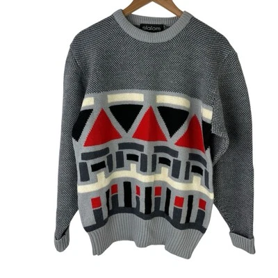 Vintage 80s Slalom Wool Ski Sweater Snowboard Gray Geometric Size Large Pullover - Image 1 of 4