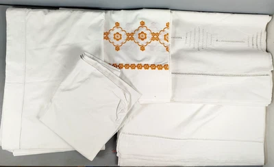Lot 5 DRAPS PLATS Linge de Maison Blanc Coton LIN Ancien Parure de LIT Ajouré R5 - Photo 1/4