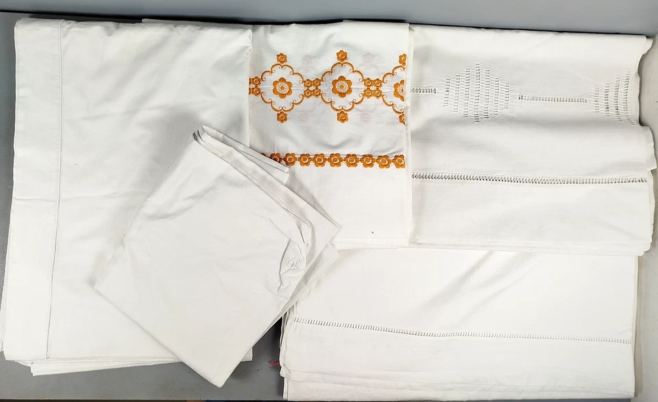 Lot 5 DRAPS PLATS Linge de Maison Blanc Coton LIN Ancien Parure de LIT Ajouré R5 - Photo 1/4