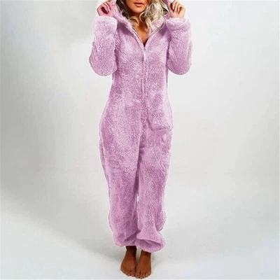 Cálido Mono Pjs Polar Con Capucha Lujo Piel Esponjosa Mujeres Todo en Uno Damas Invierno Foto 1 de 4