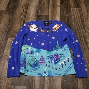 VTG Michael Simon Event Christmas Santa Sled Reindeer Wonderland Sweater Size M - Picture 1 of 17