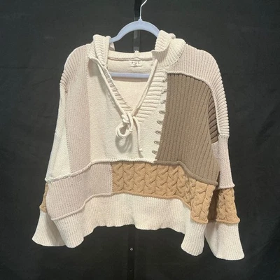 POL Womens Oversized Small Cream Brown Knit Patchwork Hoodie Sweater - Image 1 of 4