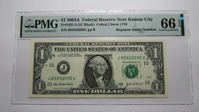 $1 2003A Repeater Serial Number Federal Reserve Currency Bank Note Bill UNC66EPQ - Image 1 of 3