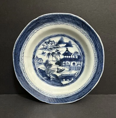 1810-1812 Century Chinese Canton Blue & White Porcelain Pagoda Motif Plate, 9” - Image 1 of 4