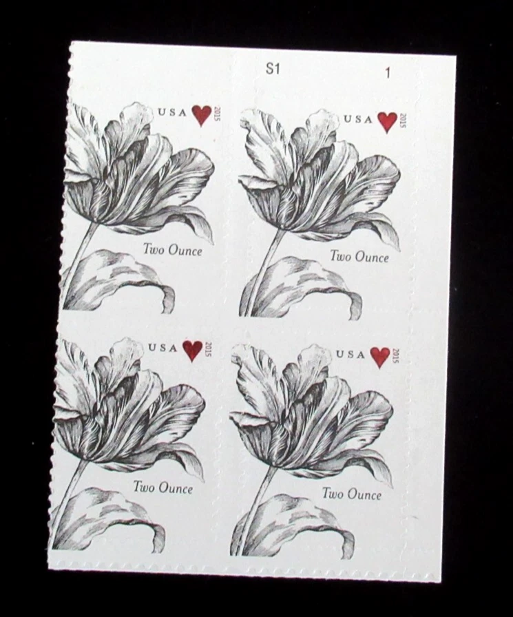 US Forever Stamp 5002 Tulip and Heart Two Once Plate Block Of 4 MNH - Image 1 of 2