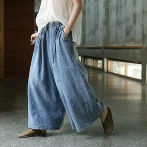 Women Lady Denim Pleated Wide Leg Pants High Waist Trousers Jeans Loose Casual - Picture 1 of 10