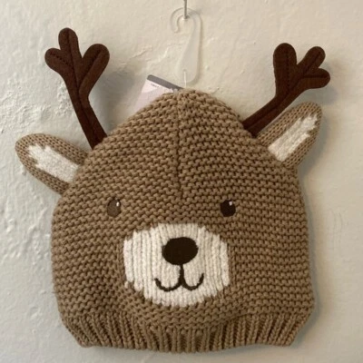 Carter’s Reindeer Brown Knitted Lined With Antlers and EarsBeanie 3-9m - Image 1 of 4