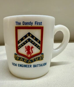 VTG WW2 US Army 103d Engineer Battalion The Dandy First Milk Glass Cup Mug EUC - Picture 1 of 1