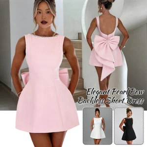 Elegantes rückenfreies kurzes Kleid mit Perlen Schleife ärmellos Party schick Minikleid Damen - Bild 1 von 21