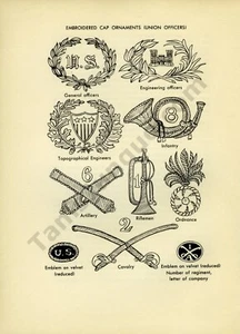 1955 Evelyn Curro Book Page Art Drawing Union Army Officers Cap Ornaments - Picture 1 of 1
