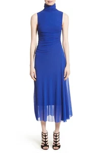 FUZZI Blue Turtleneck Mock Neck Ruched Tulle Mesh Midi Bodycon Dress XS = 0/2 💙 - Picture 1 of 5