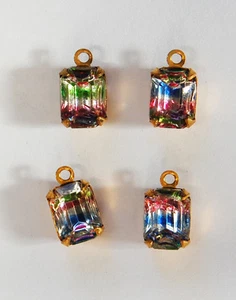 VINTAGE 4 OCTAGON PENDANT BEADS BRASS SETTING IRIS ANTIQUE GLASS • 6x8mm - Picture 1 of 2