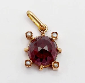 Colgante victoriano oro 18k cabujón de granate y perlas (alrededor de 1880) - Imagen 1 de 8