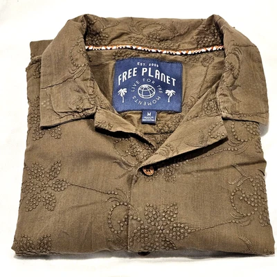 Camisa Hawaiana Free Planet Para Hombre M Marrón con Bordados Botones Rústicos Foto 1 de 4