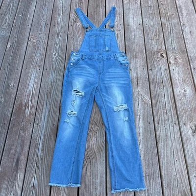 Bib Overalls Juniors Medium Denim Distressed Ripped Design Cropped Skinny - Image 1 of 4